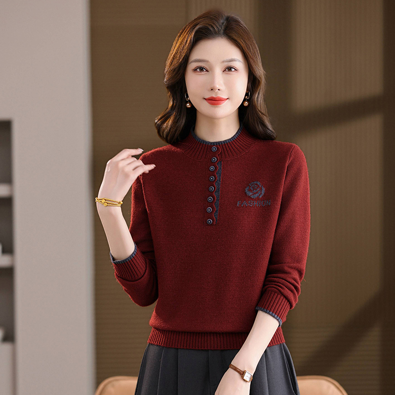 正品女装半高领羊毛衫秋冬新款拼色提花时尚洋气打底针织衫上衣女