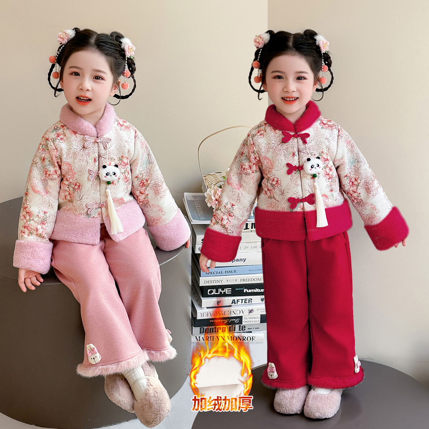 冬季厚款单排扣女中国风秋冬套装童装汉服女孩加绒加厚拜年服