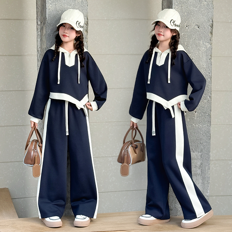 女童潮流休闲风套装春秋新款儿童女孩洋气连帽卫衣长裤韩版两件套