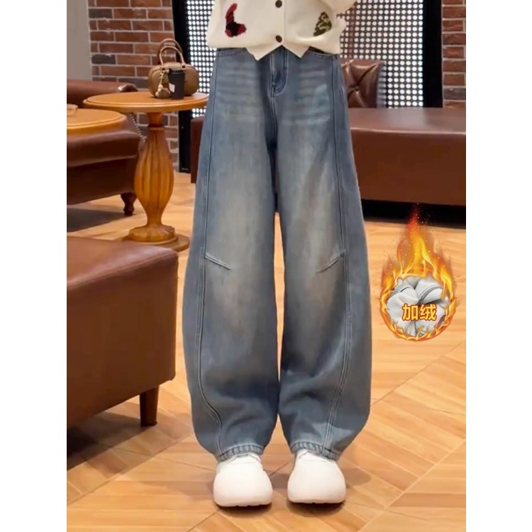 拉夏贝尔当季热销香蕉牛仔裤2025秋冬新款高腰加绒时髦百搭镰刀裤