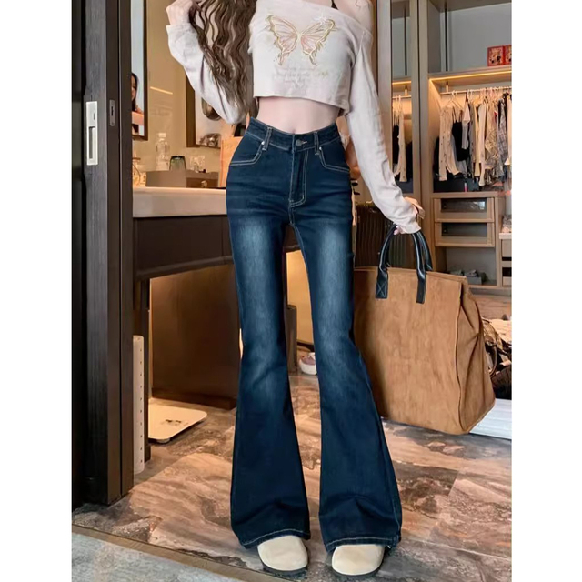 高腰美式复古蓝色微喇水洗牛仔裤女春季新款拖地裤修身喇叭裤长裤