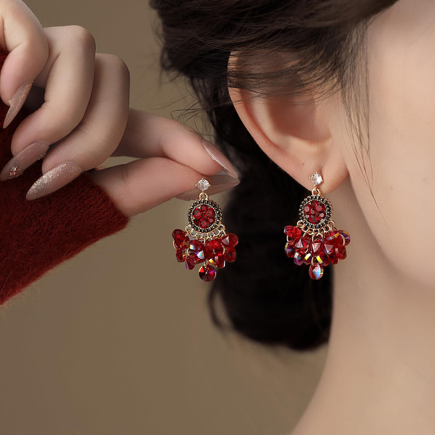 CAIEM KAIET 925银耳饰 红色圆盘流苏耳环女轻奢高级感新年耳饰