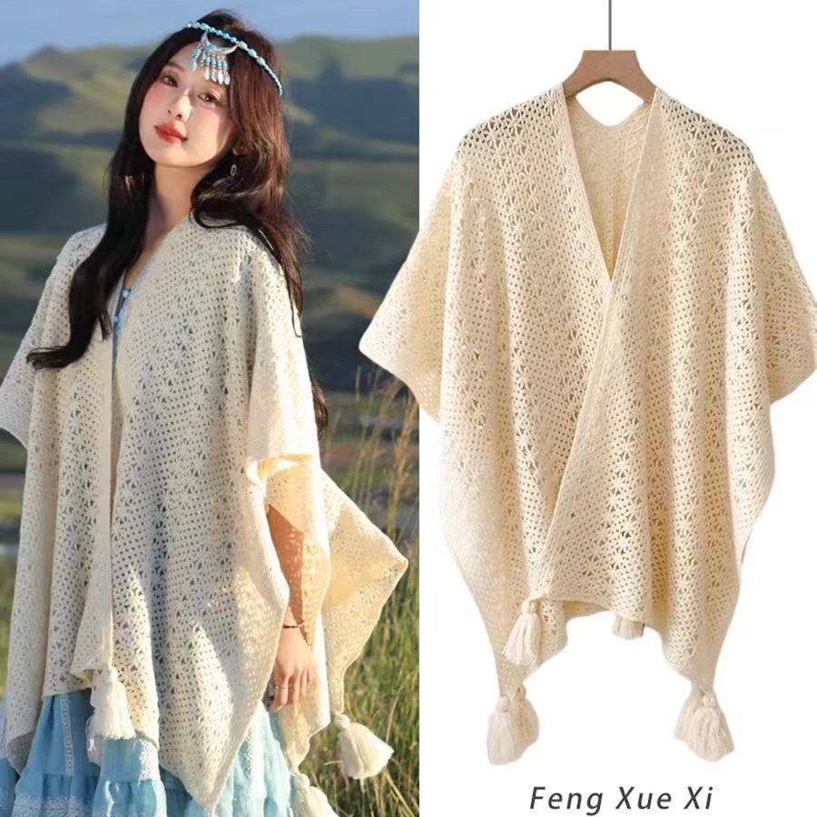 镂空复古民族度假风女针织流苏开衫女薄款春秋小披肩外搭蕾丝披肩