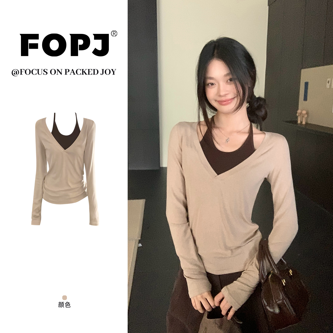 FOPJ早秋款复古V领挂脖假两件长袖t恤女百搭修身显瘦辣妹上衣