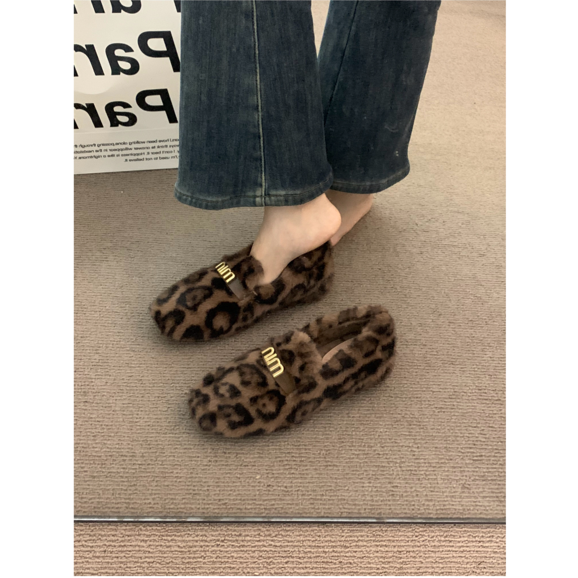 啄木鸟内增高4CM豹纹时髦外穿单鞋女秋冬一脚蹬网红加绒豆豆棉鞋