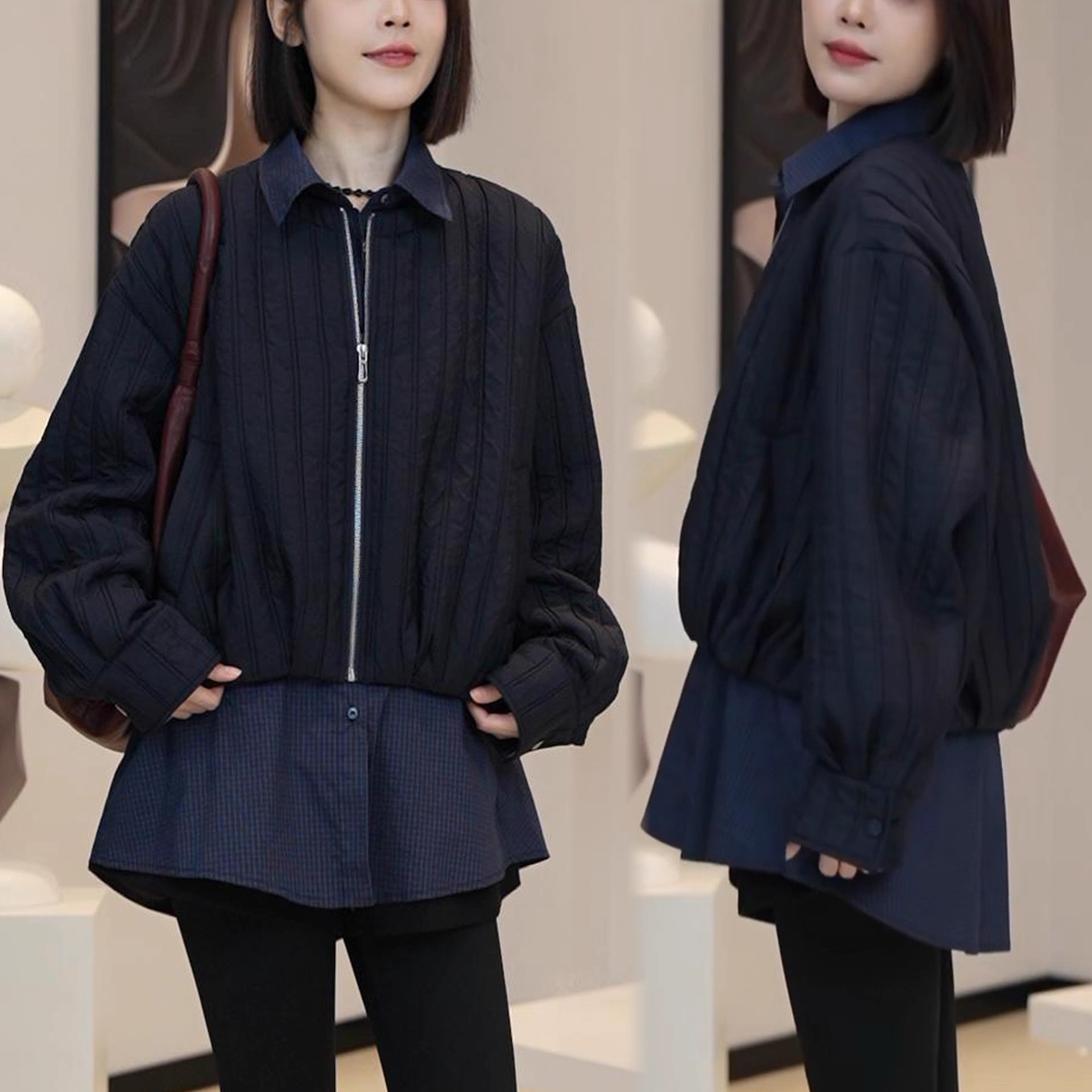 2026秋冬新款文艺风复古格纹拼接假两件韩版宽松加棉保暖棉衣外套