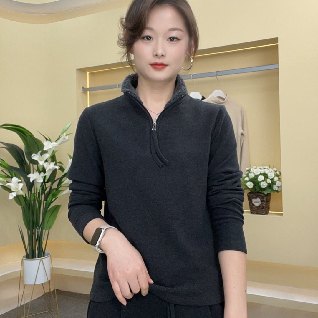 加绒冬季双面澳绒洋气显瘦保暖百搭女士半开拉链领打底T恤2623