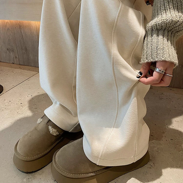 大码白色羊毛阔腿裤女秋冬季胖mm垂感毛呢休闲加绒直筒防风糯米裤