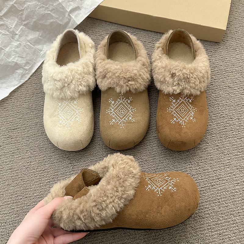 雪花刺绣加绒勃肯鞋女全包2025冬季新款厚底两穿保暖包头半棉拖鞋