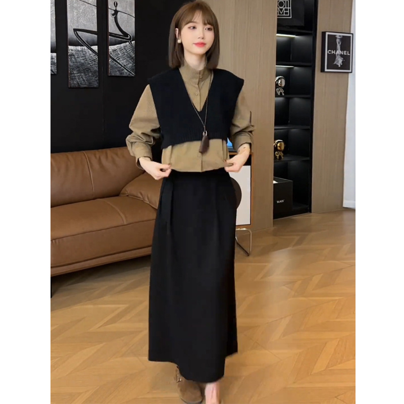 秋季穿搭一整套新款法式高级感气质叠穿针织马甲衬衫半身裙三件套