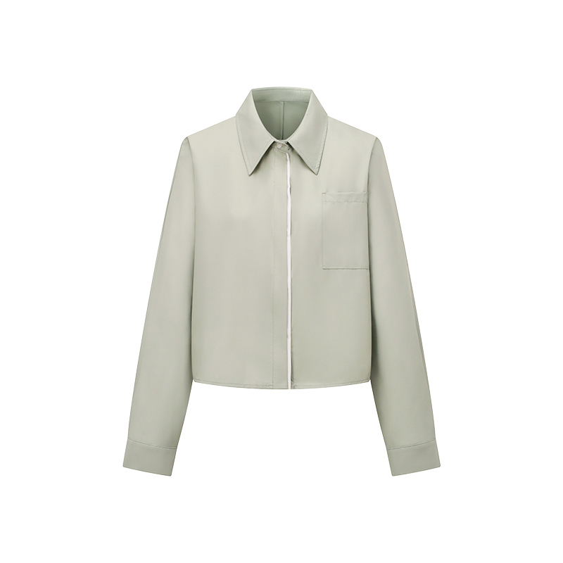 绿色翻领撞色拼接门襟长袖衬衫女通勤时尚衬衣早秋新款