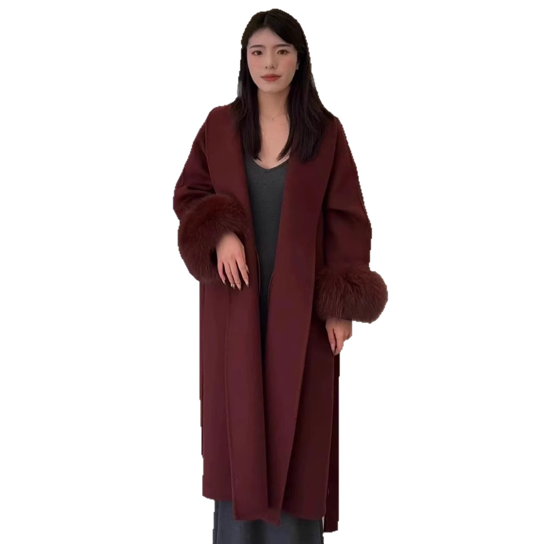 狐狸毛经典爆款加长款双面纯羊毛大衣女秋冬新款高级感毛呢外套