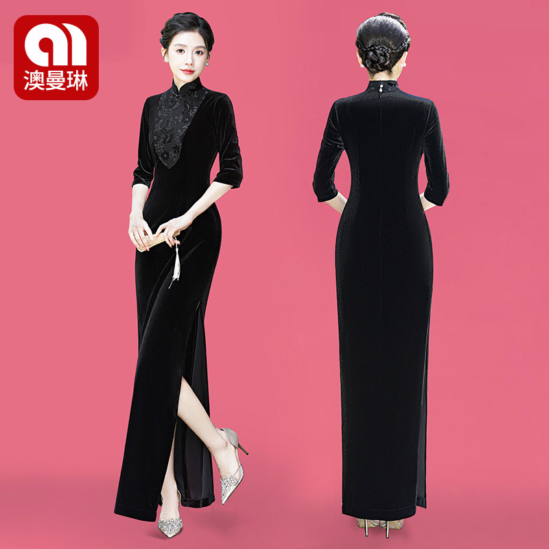 弹力高定重工金丝绒旗袍显瘦免熨烫优雅走秀中长款中国风舞台修身