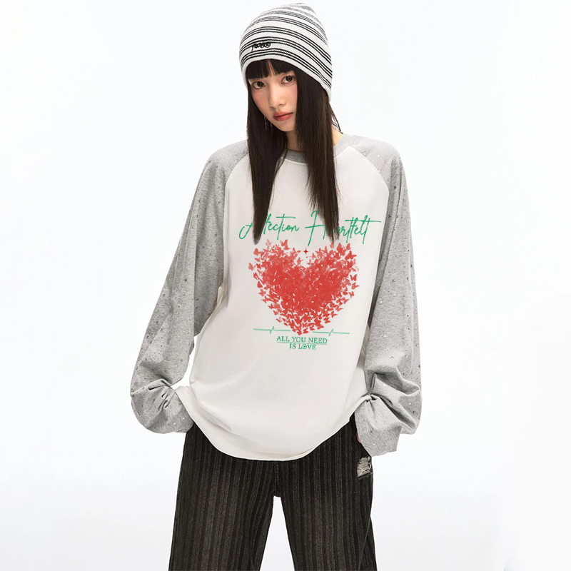 秋季美式潮流爱心印花插肩袖男女装2025新款简约时尚宽松休闲上衣