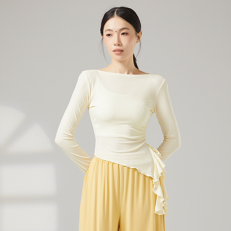 YoYo现代舞新款不规则开叉荷叶边长袖上衣日常练功服女古典舞蹈服