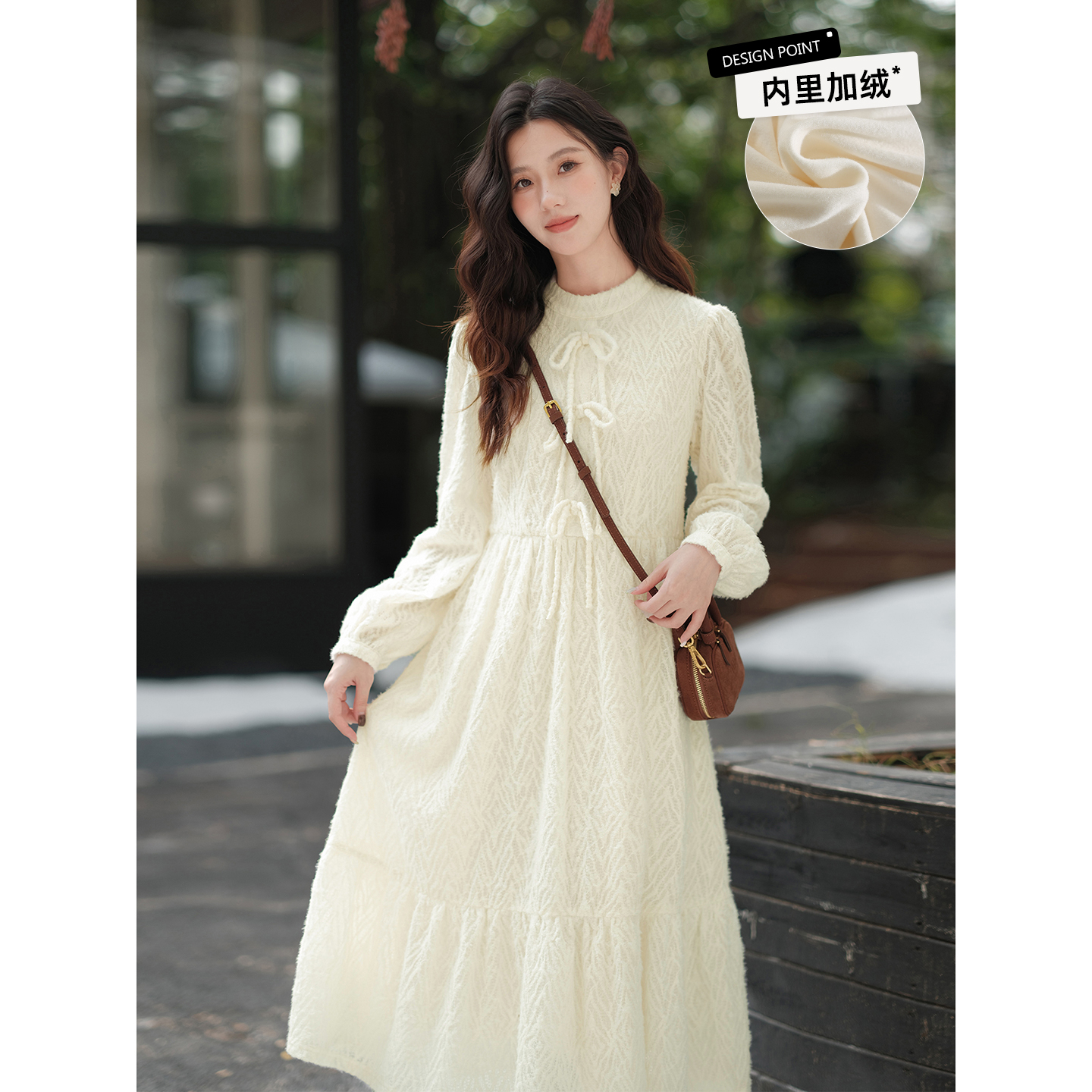 木易易 法式小香风蕾丝长袖连衣裙女冬季加绒配大衣内搭打底裙