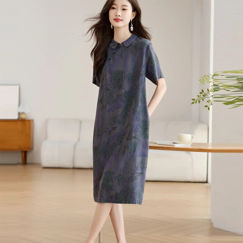 天丝连衣裙女夏季2025新款大码宽松遮肚国风气质妈妈薄款牛仔裙子