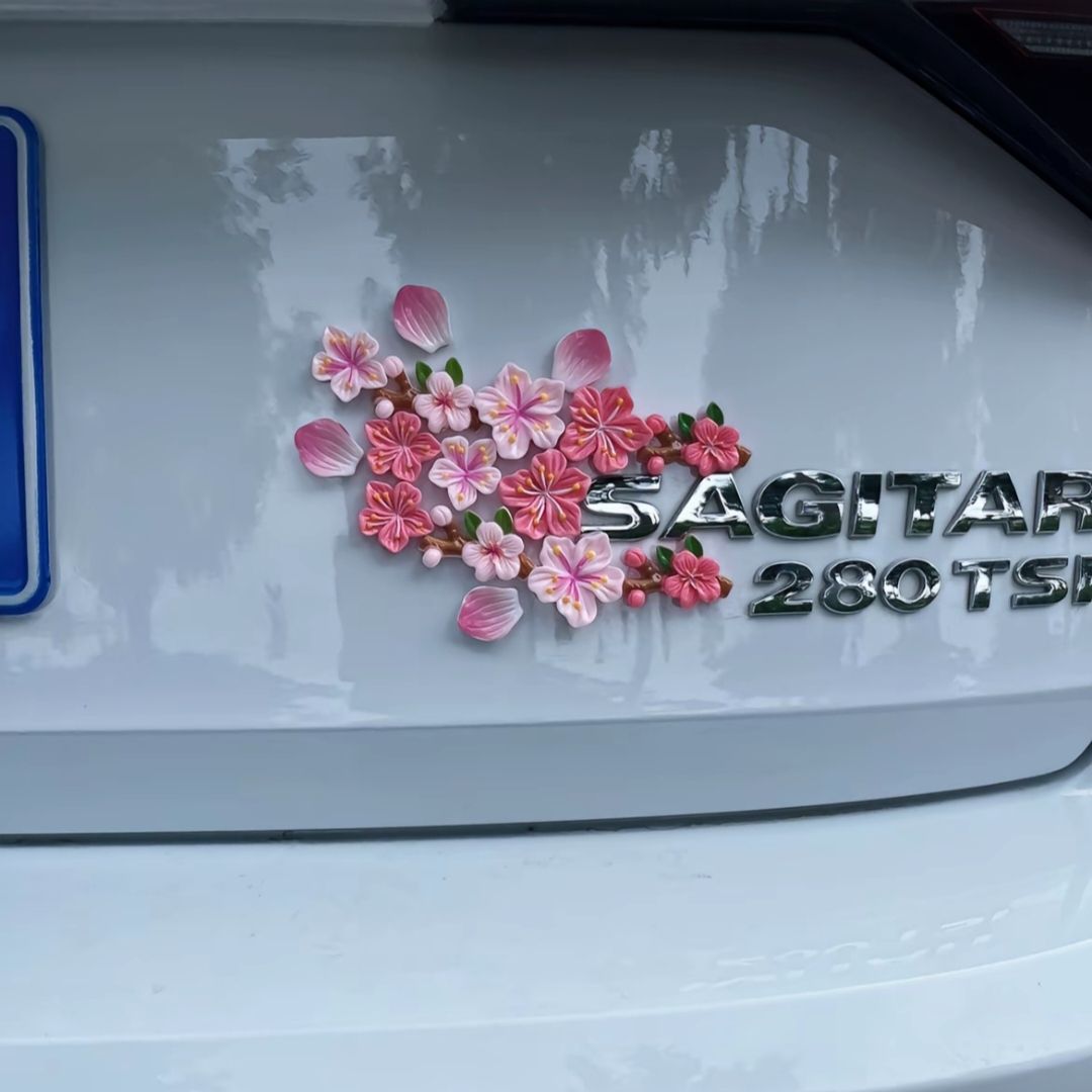 桃花3d立体汽车车载中控樱花无痕贴配件遮挡划痕九号电动车装饰品