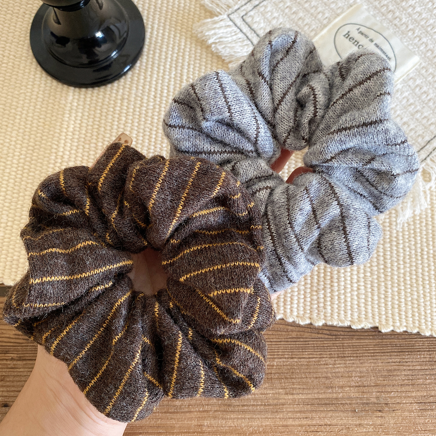 韩国同款秋冬条纹发圈复古针织毛线大肠发圈温柔百搭扎头发发绳女