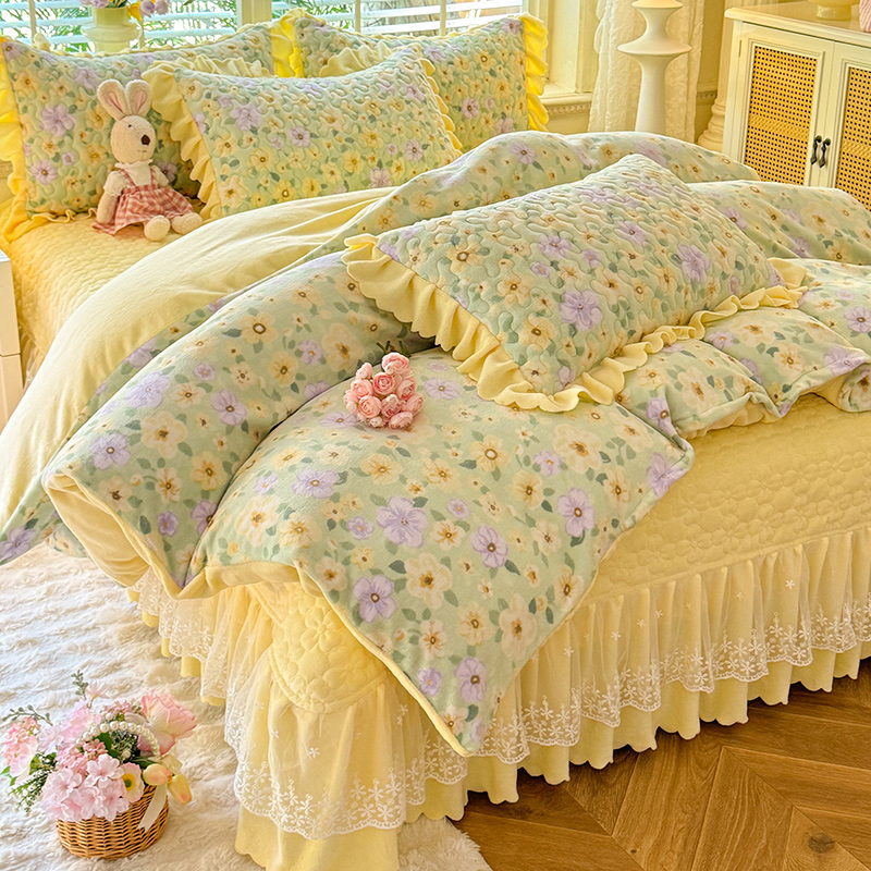 小清新公主风双面牛奶绒床盖三件套冬季加绒加厚防静电床盖四件套