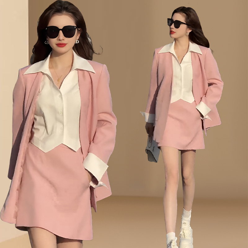 韩版洋气干练套装女春秋假两件撞色西装一整套ootd穿搭新款半身裙