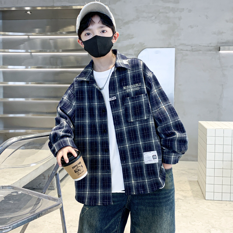 儿童装男童秋装格子衬衫春秋款2025新款中大童男孩字母长袖外套潮