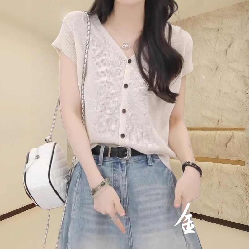 设计感v领针织衫短袖t恤女夏季薄款冰丝上衣高级百搭外搭开衫罩衫