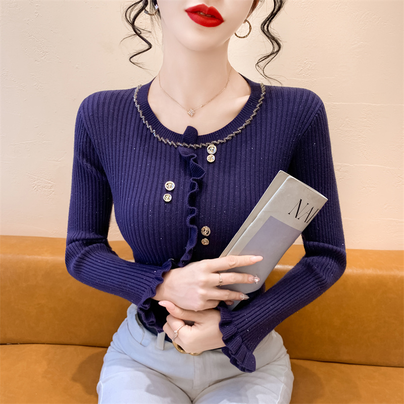 小香风拼接木耳边订钻套头针织衫秋冬新款显瘦修身打底衫毛衣上衣