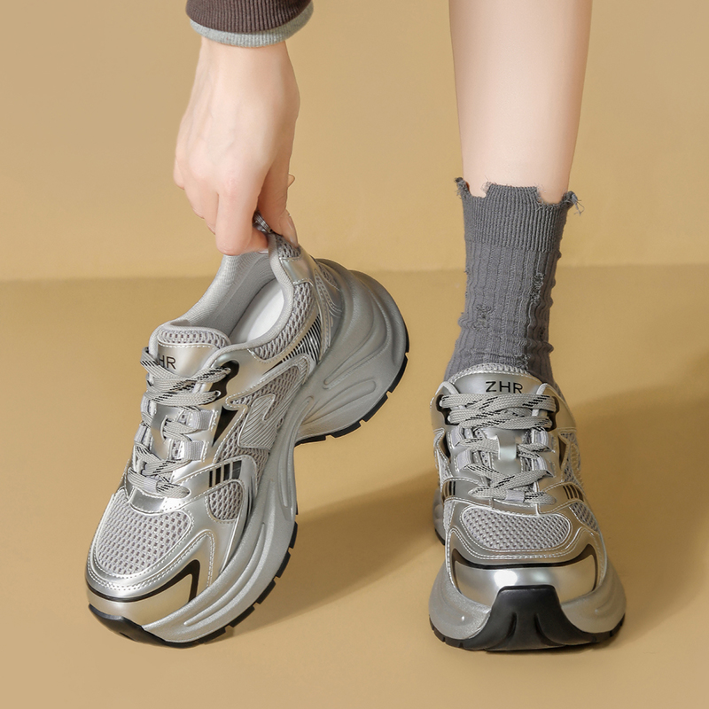 ZHR则则6.5cm增高厚底老爹鞋女银色网面潮流时尚百搭休闲鞋