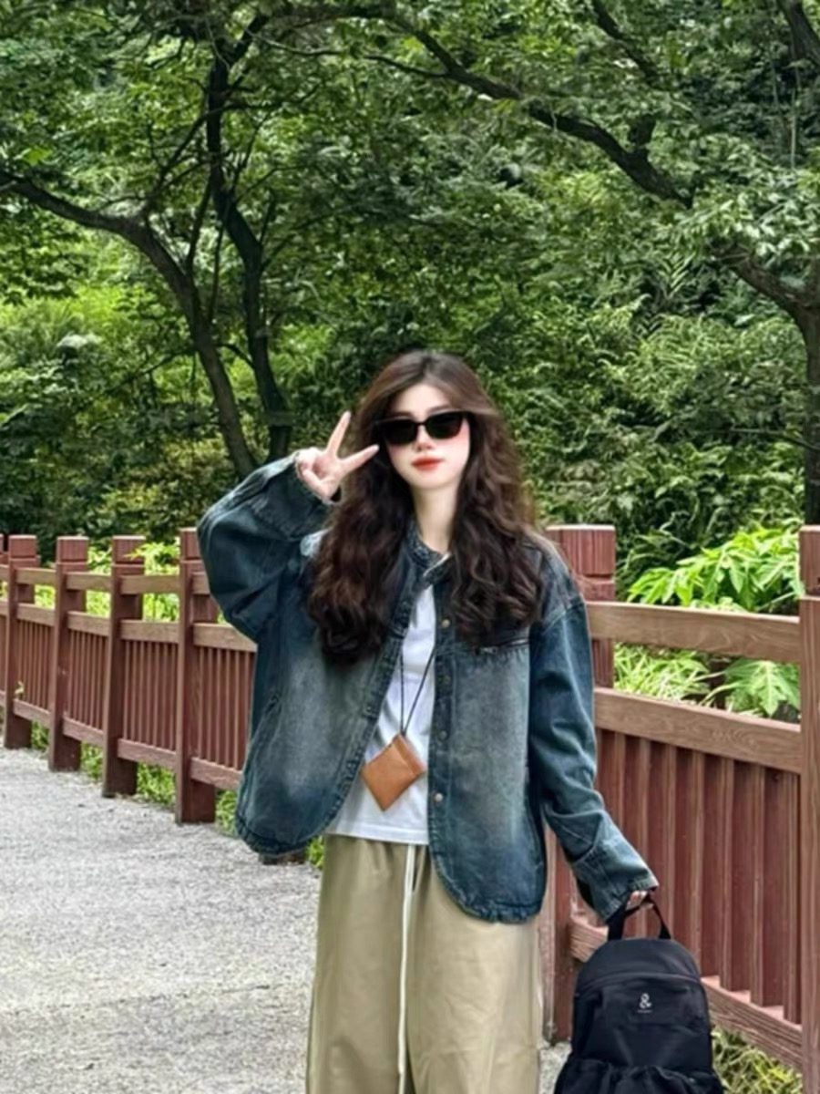 超好看做旧牛仔外套女春秋日系复古宽松休闲设计感小众夹克牛仔衣