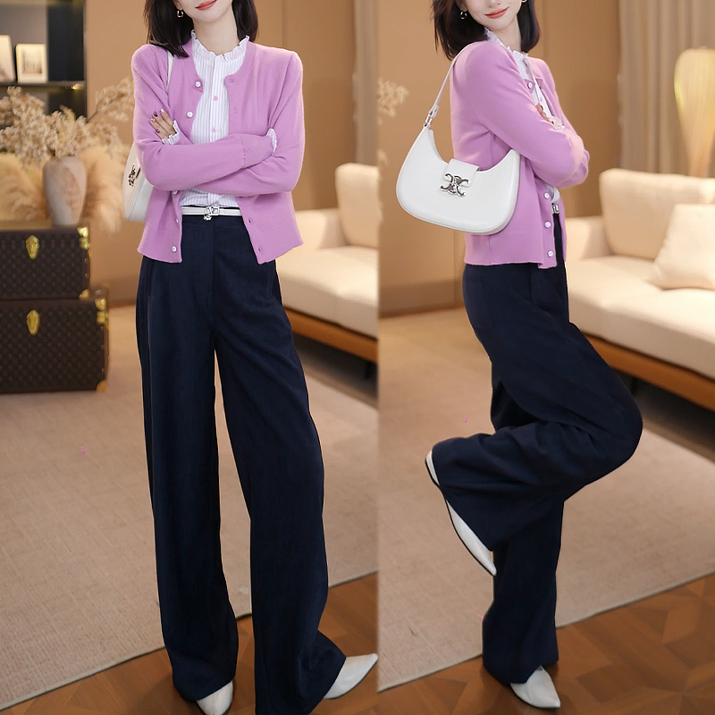 2025春秋季温柔气质穿搭一整套假两件毛衣针织衫垂感西装裤两件套