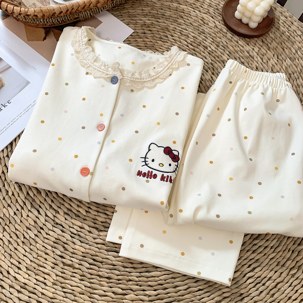 蕾丝花边Kitty猫刺绣纯棉睡衣女2025新款春秋长袖长裤开衫家居服
