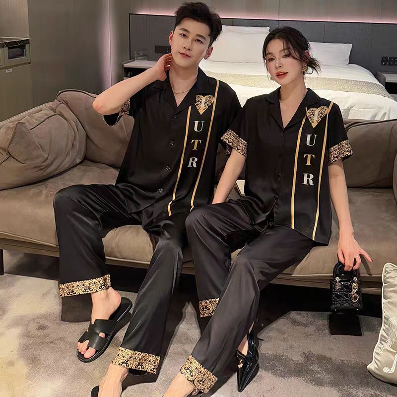 【幸运扑克牌】春季薄款冰丝情侣长袖开衫爱心印花睡衣CWS家居服