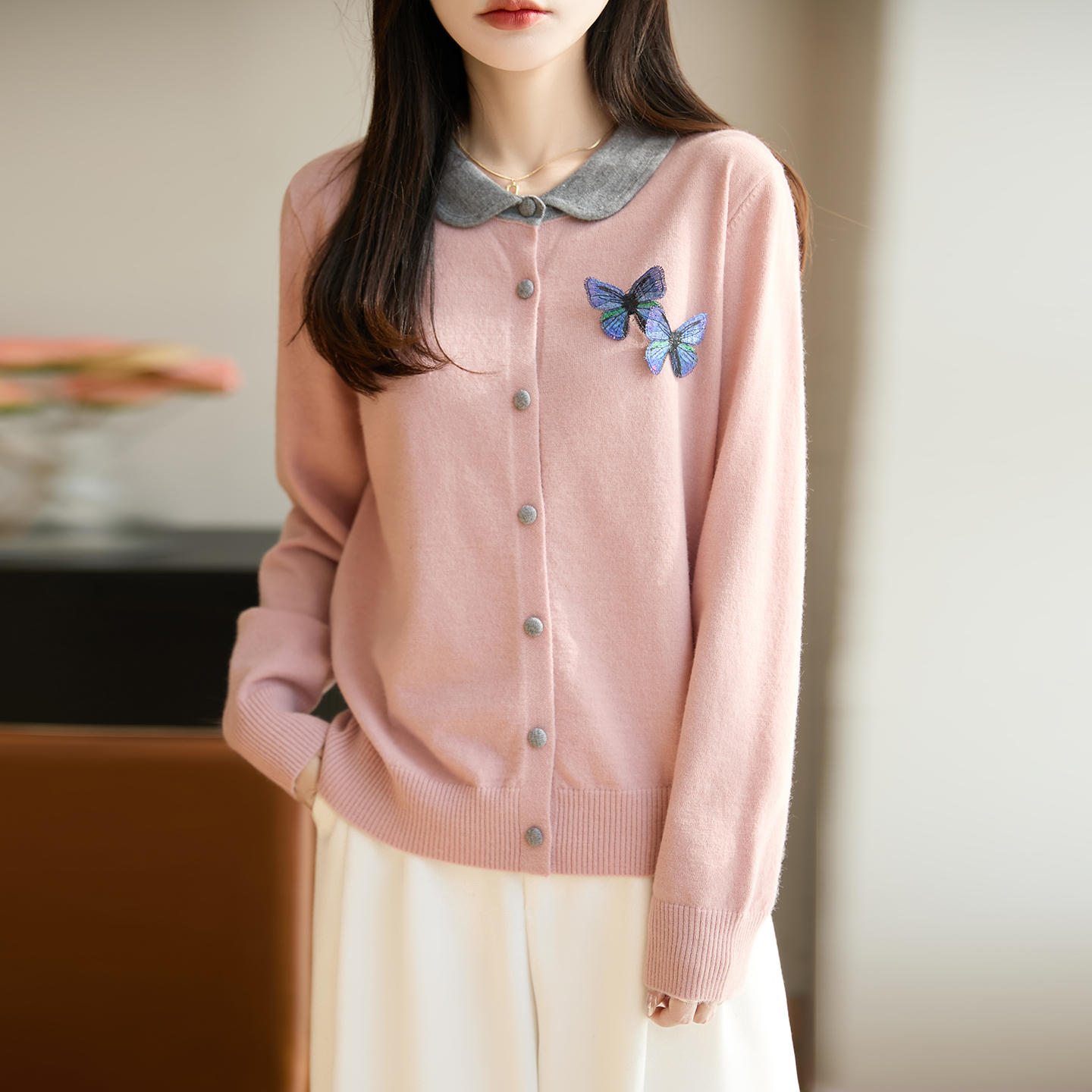 正品哥弟新款秋冬娃娃领撞色小香风针织开衫洋气立体蝴蝶百搭上衣