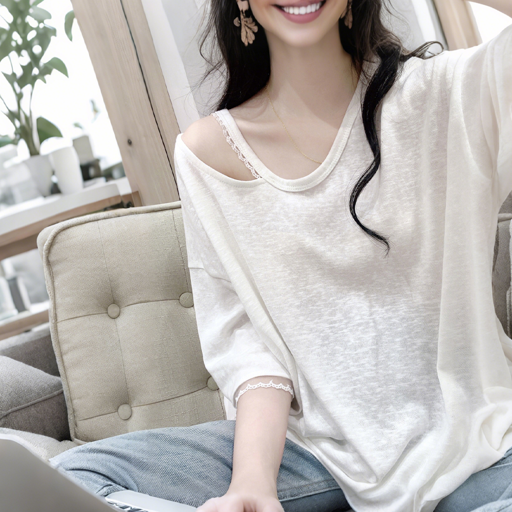 夏季薄款洋气简约拼接露肩短袖白色T恤衫减龄雪花棉休闲百搭上衣