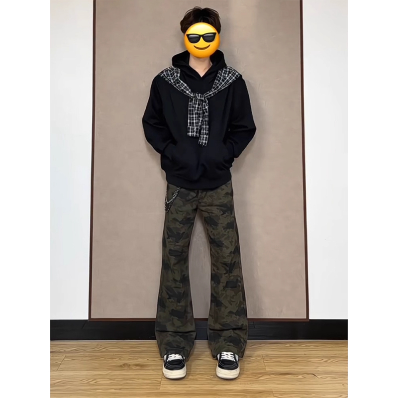 美式复古vibe迷彩牛仔裤男款春秋季高街cleanfit裤子宽松直筒长裤