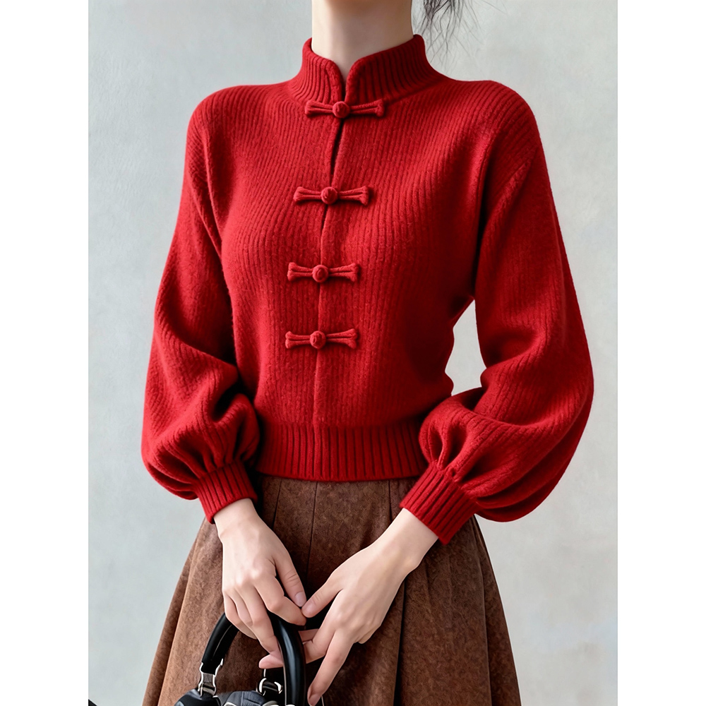 新中式红色立领盘扣粗线毛衣秋冬新年独特超好看短款灯笼袖针织衫