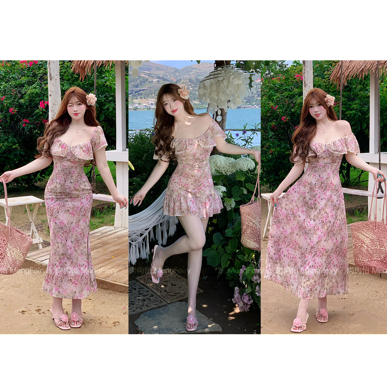 萌面侠肉肉怡 现货【碎樱河畔】一字肩木耳边茶歇裙碎花连衣裙6103B