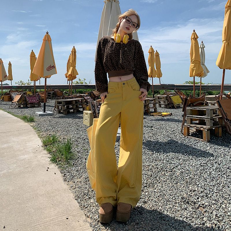 艺品兰夏季新款宽松直筒设计感镰刀裤高腰阔腿裤树叶黄拖地牛仔裤