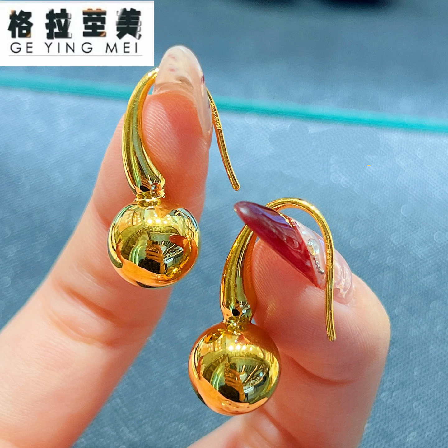 格拉茔美5D硬金圆珠鲁伯特之泪水滴黄金耳钩足金999女款耳饰耳环