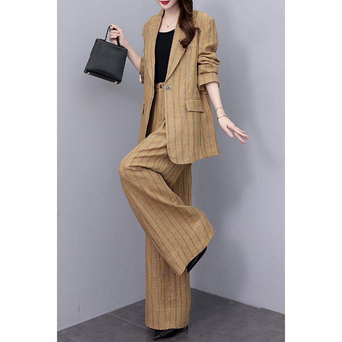 高端三件套女西装2025秋季新款阔腿裤爆款条纹西服时尚套装大码潮