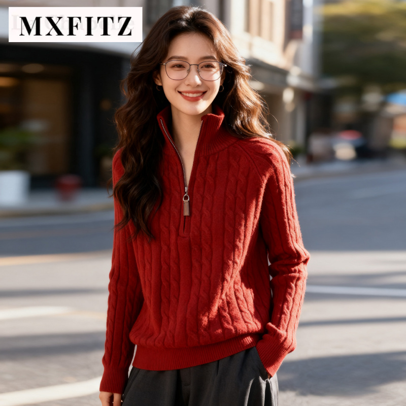 【MXFITZ】麻花针织衫女秋冬2025新款毛衣拉链半开领百搭长袖上衣
