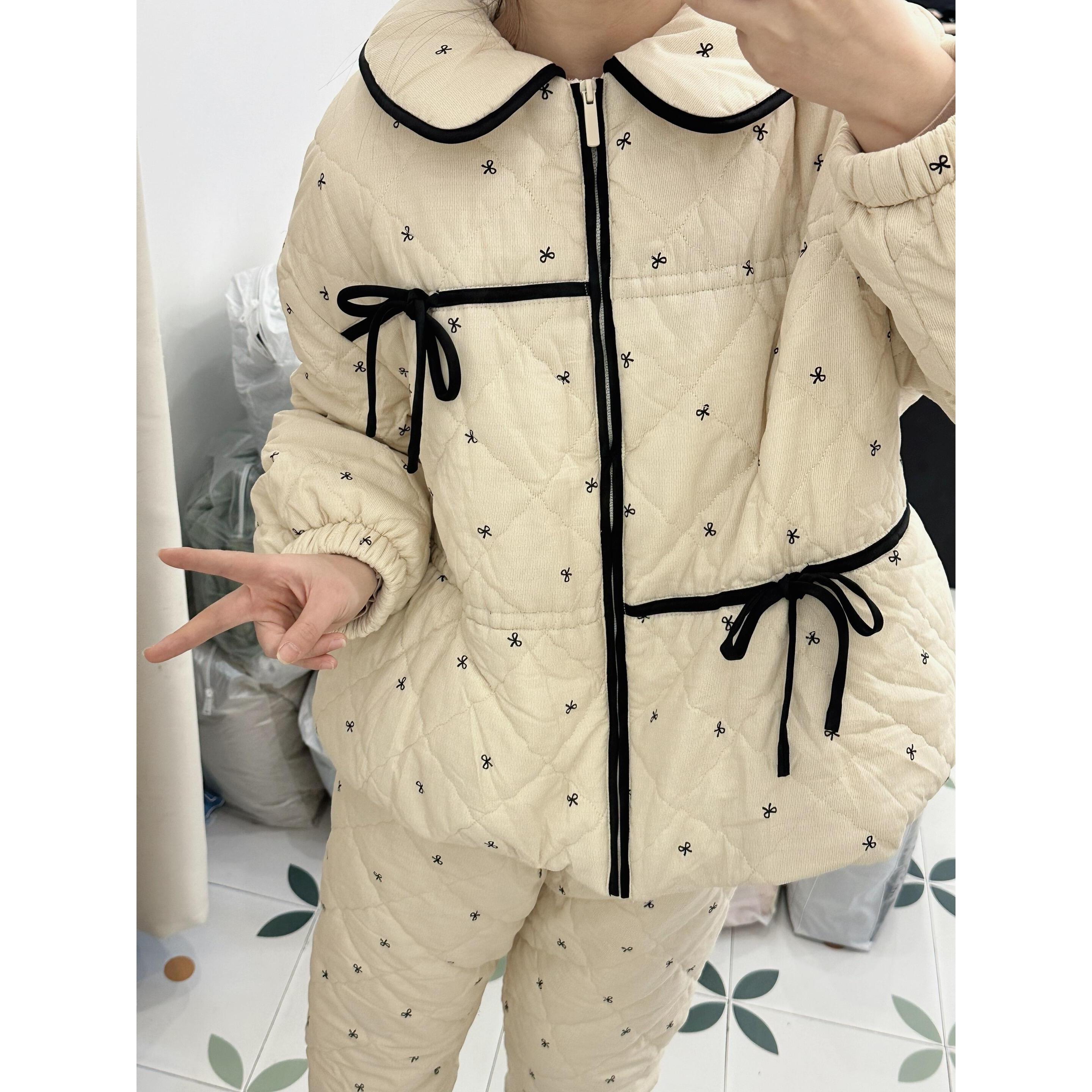 可爱娃娃领蝴蝶结印花夹棉睡衣女冬季加厚棉服棉衣保暖家居服套装