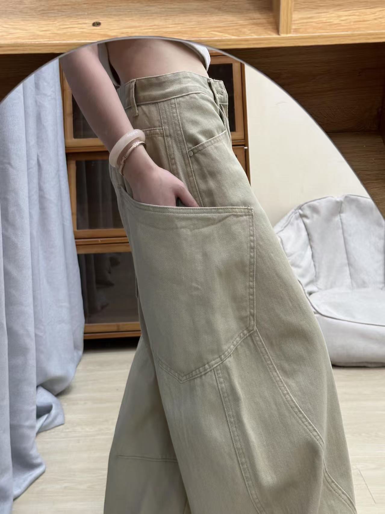 卡其色美式复古大口袋弯刀牛仔裤女秋季2025秋季新款阔腿工装裤子