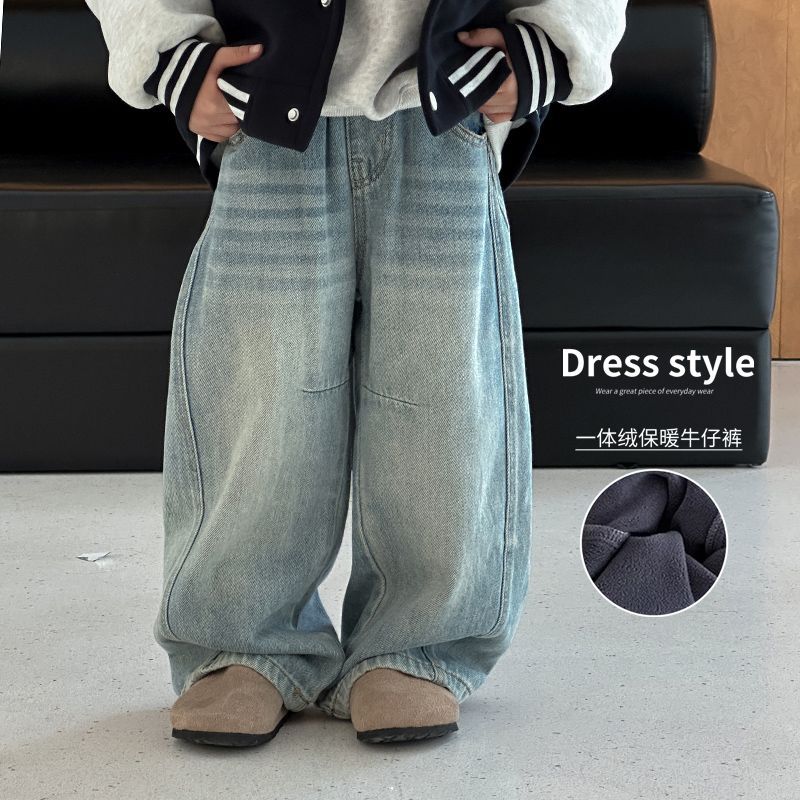 儿童冬季加绒裤子新款一体绒牛仔裤韩版冬款中大童装加厚保暖