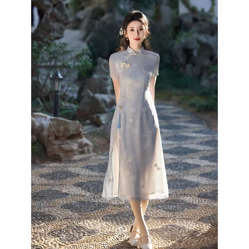 改良旗袍裙夏季2025年新款薄款奥黛遮肉新中式高腰显瘦古风连衣裙