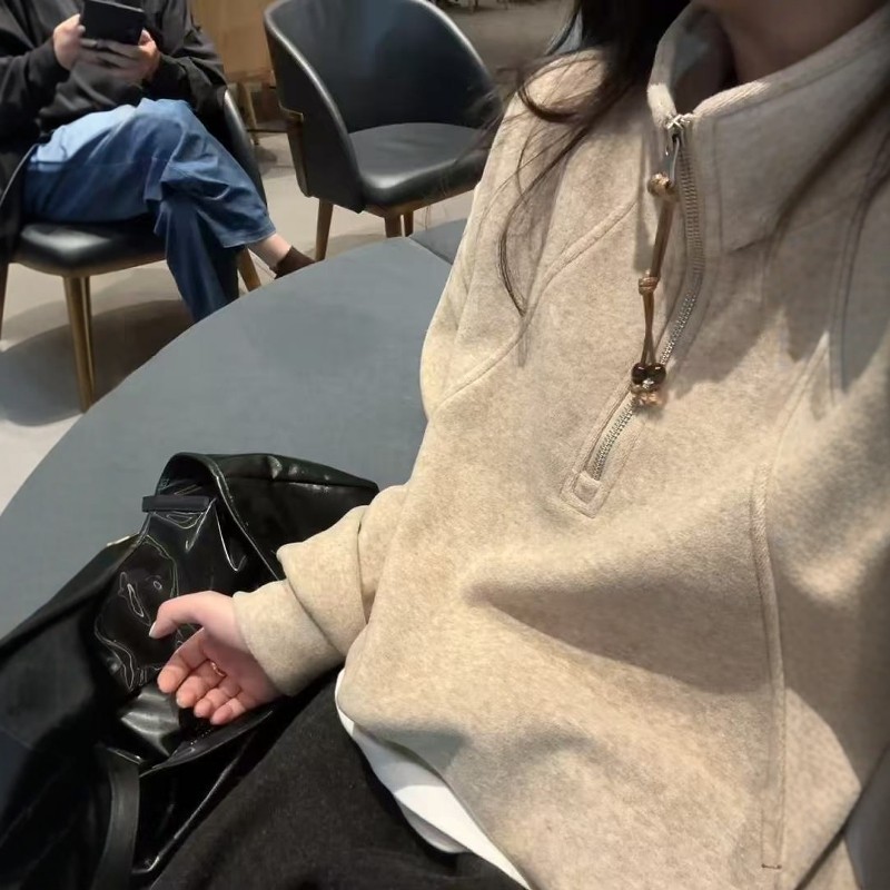 【帝韵】美式复古半拉链抽绳立领卫衣女秋冬穿搭新款慵懒风情侣上衣