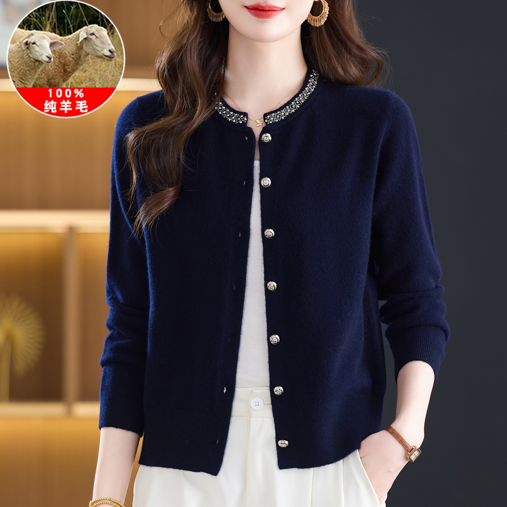 气质羊毛衫女100%纯羊毛妈妈装针织开衫中老年女士春秋款毛衣外套