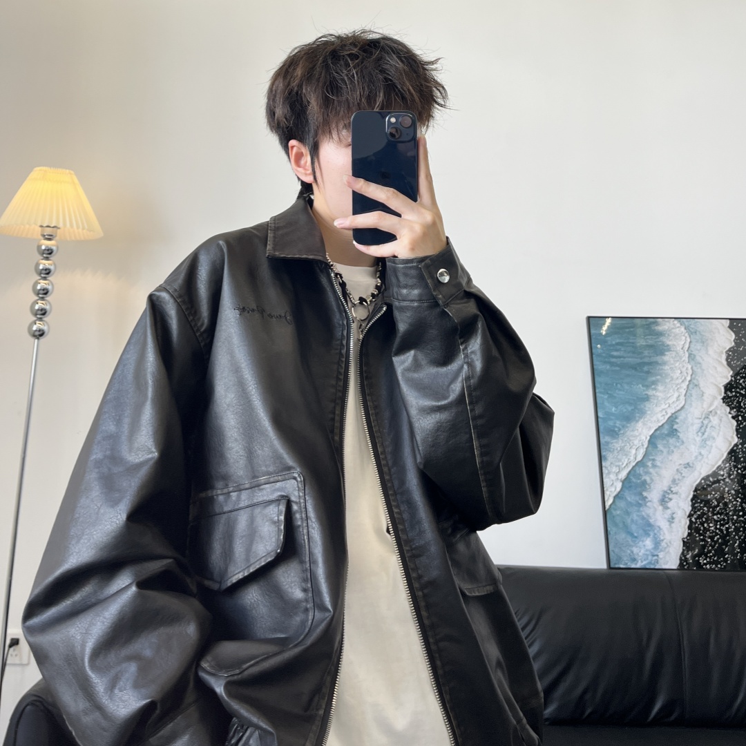 JAVE PASOK潮牌美式翻领皮衣男女同款流行百搭刺绣擦色皮夹克外套