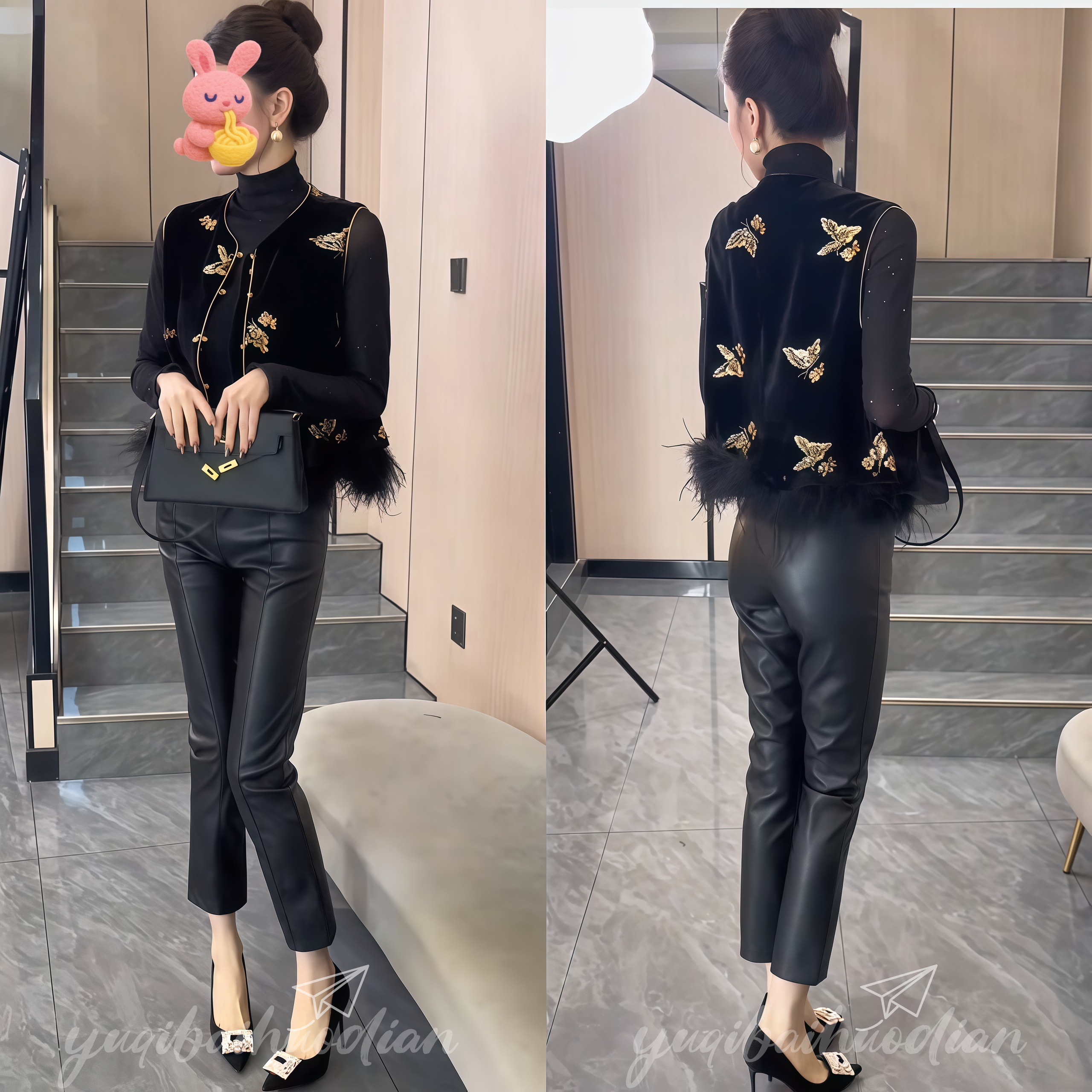 2025秋季网红新款新中式三件套女国风马甲打底衫皮裤